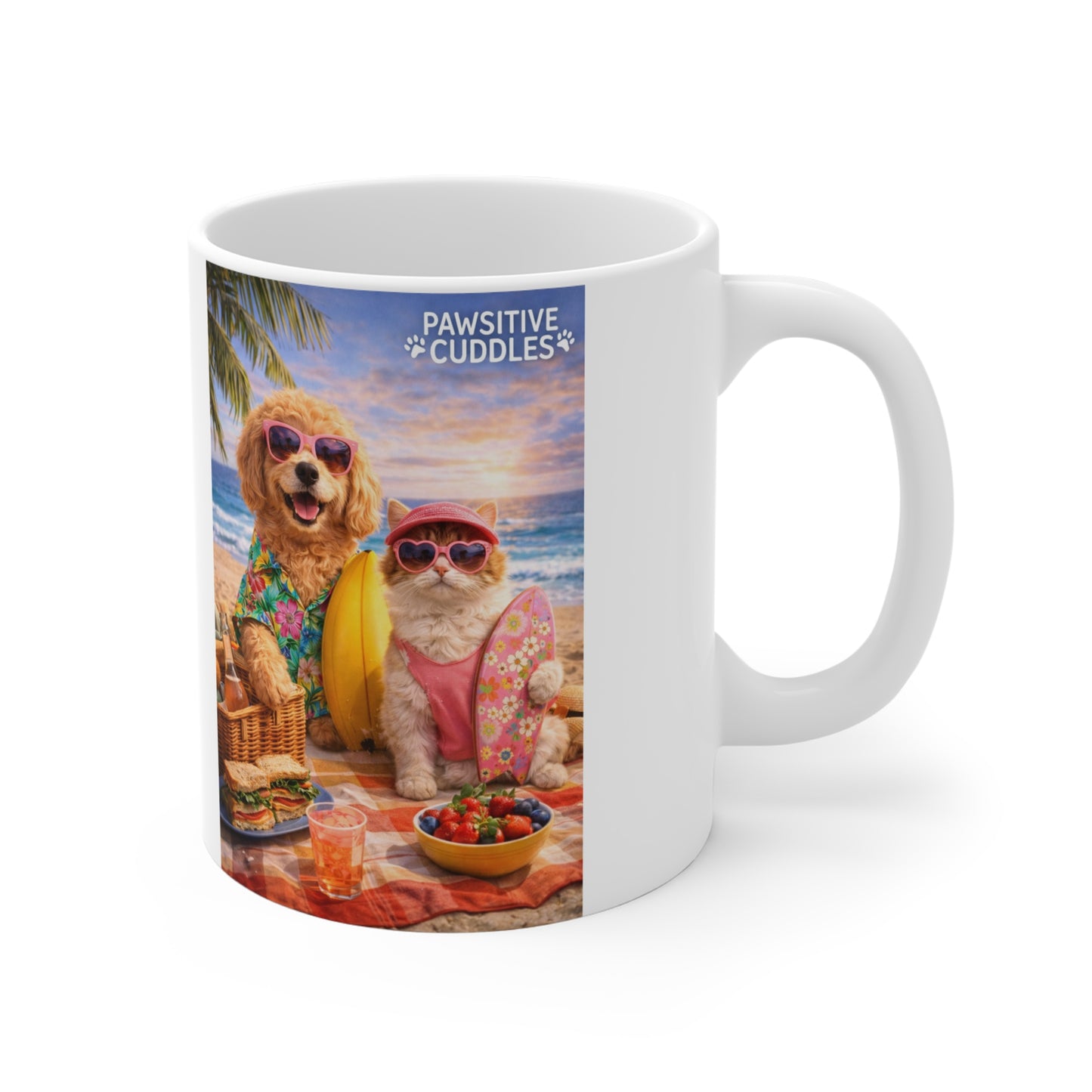 Mug — 'Pawsitive Cuddles' Beach Sunset Dog & Cat Coffee Mug (11oz)