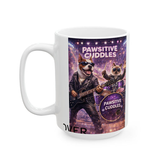 Pawsitive Cuddles Cat Band Ceramic Mug – Cute Rocker Kitty Coffee Cup (11oz/15oz)
