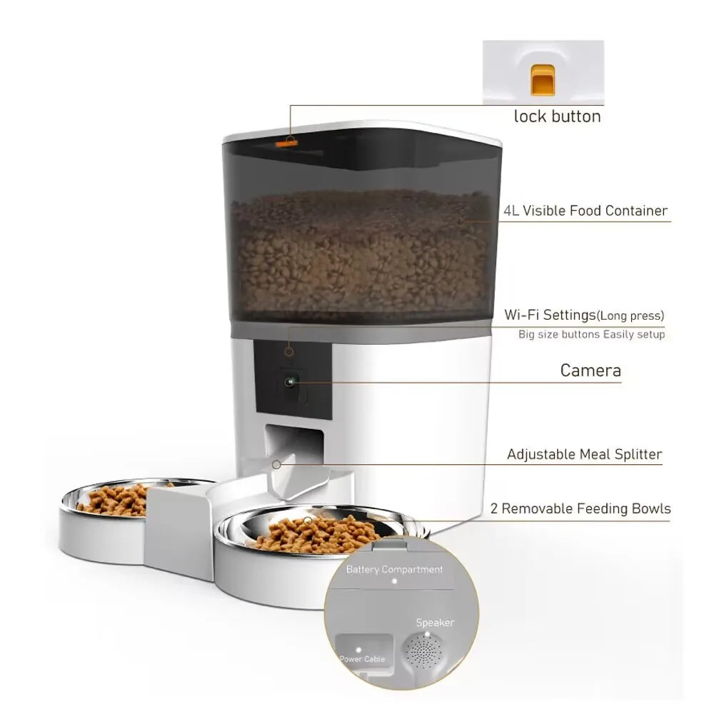 4L Automatic Smart Pet Feeder For Cats Small Dogs Dispenser With Camera Recorder Timing Quantitative Double Bowl - Pawsitive Cuddles