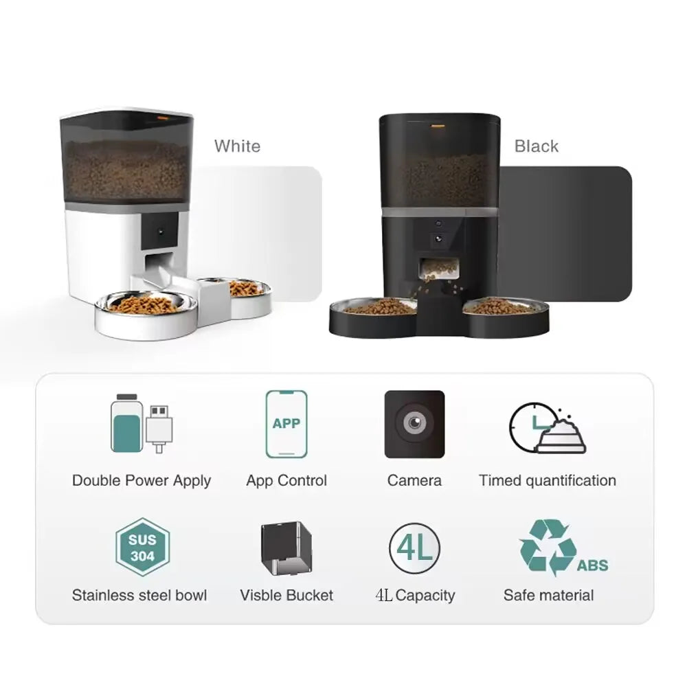 4L Automatic Smart Pet Feeder For Cats Small Dogs Dispenser With Camera Recorder Timing Quantitative Double Bowl - Pawsitive Cuddles