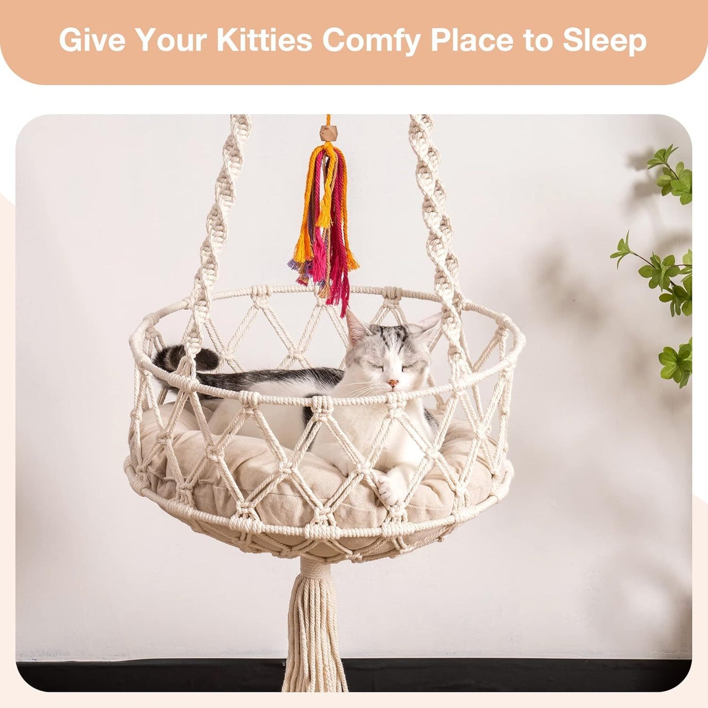 Handwoven Hanging Bed with Soft Mat & Toy for Indoor Cats - Pawsitive Cuddles