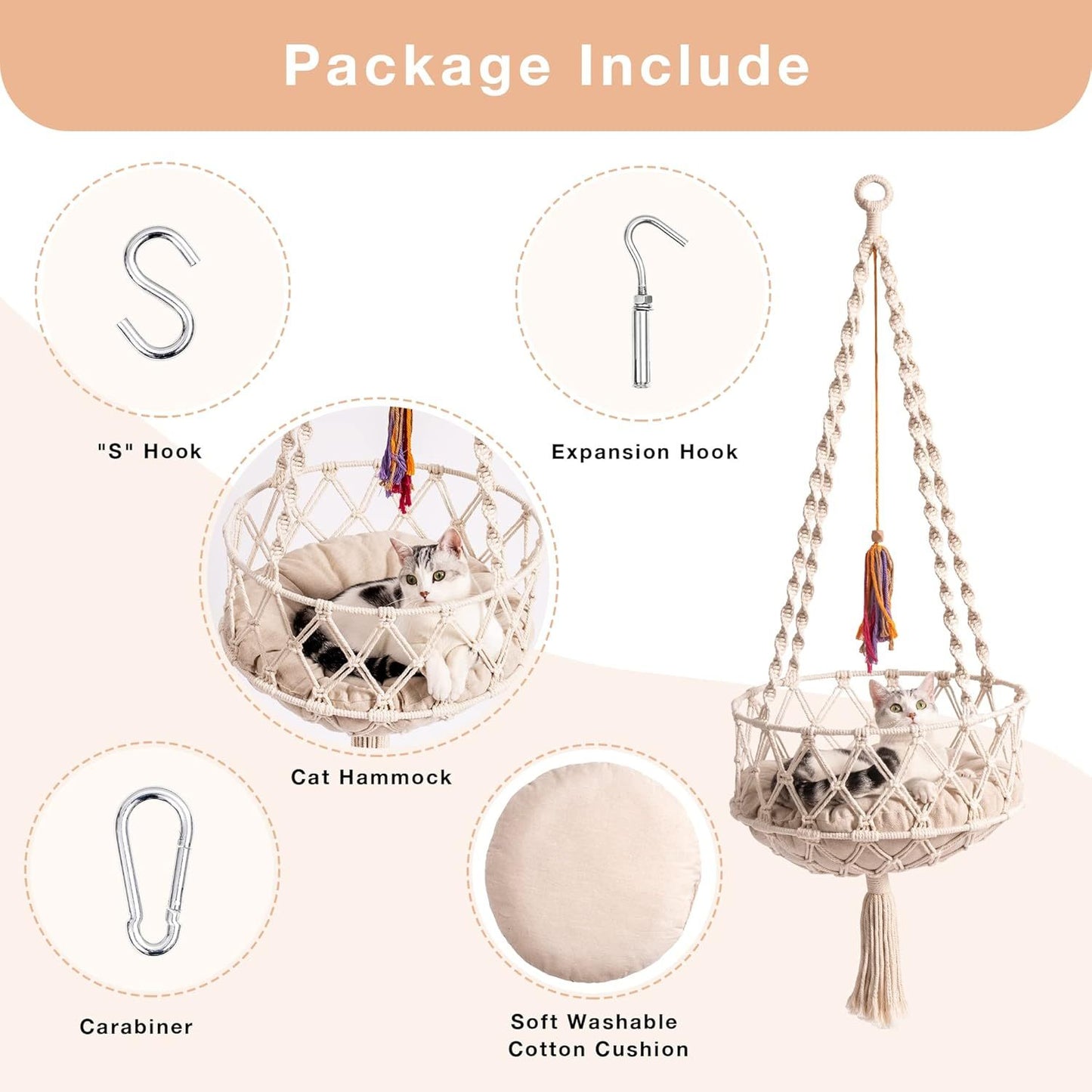 Handwoven Hanging Bed with Soft Mat & Toy for Indoor Cats - Pawsitive Cuddles