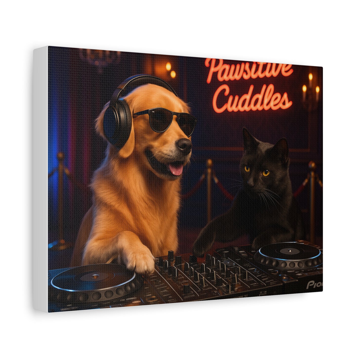 Canvas Wall Art — "Pawsitave Cuddles" DJ Dog & Cat Scene