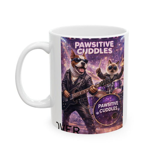 Pawsitive Cuddles Cat Band Ceramic Mug – Cute Rocker Kitty Coffee Cup (11oz/15oz)