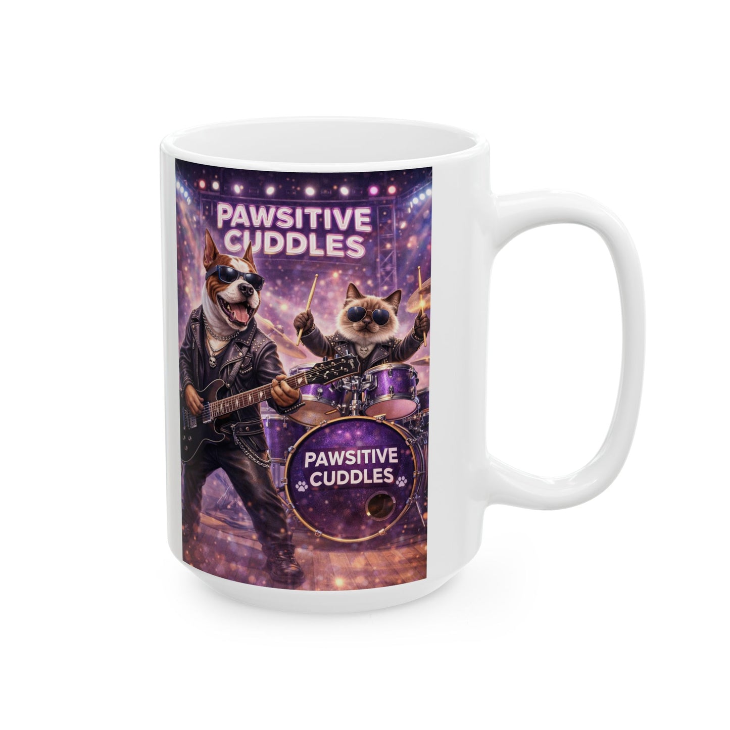 Pawsitive Cuddles Cat Band Ceramic Mug – Cute Rocker Kitty Coffee Cup (11oz/15oz)