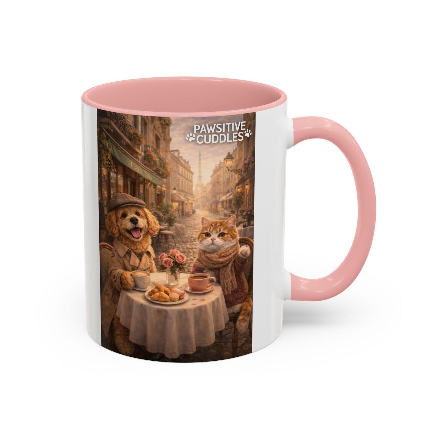 Coffee Mug — 'Pawsitive Cuddles' Cat & Dog Paris Café Accent Mug (11/15oz)