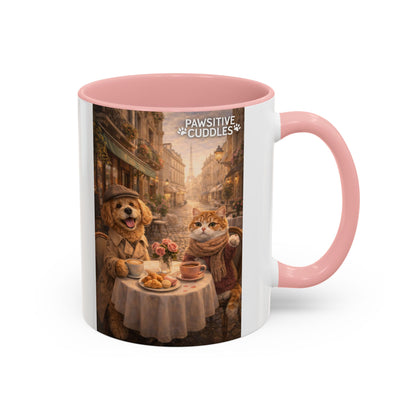 Coffee Mug — 'Pawsitive Cuddles' Cat & Dog Paris Café Accent Mug (11/15oz)