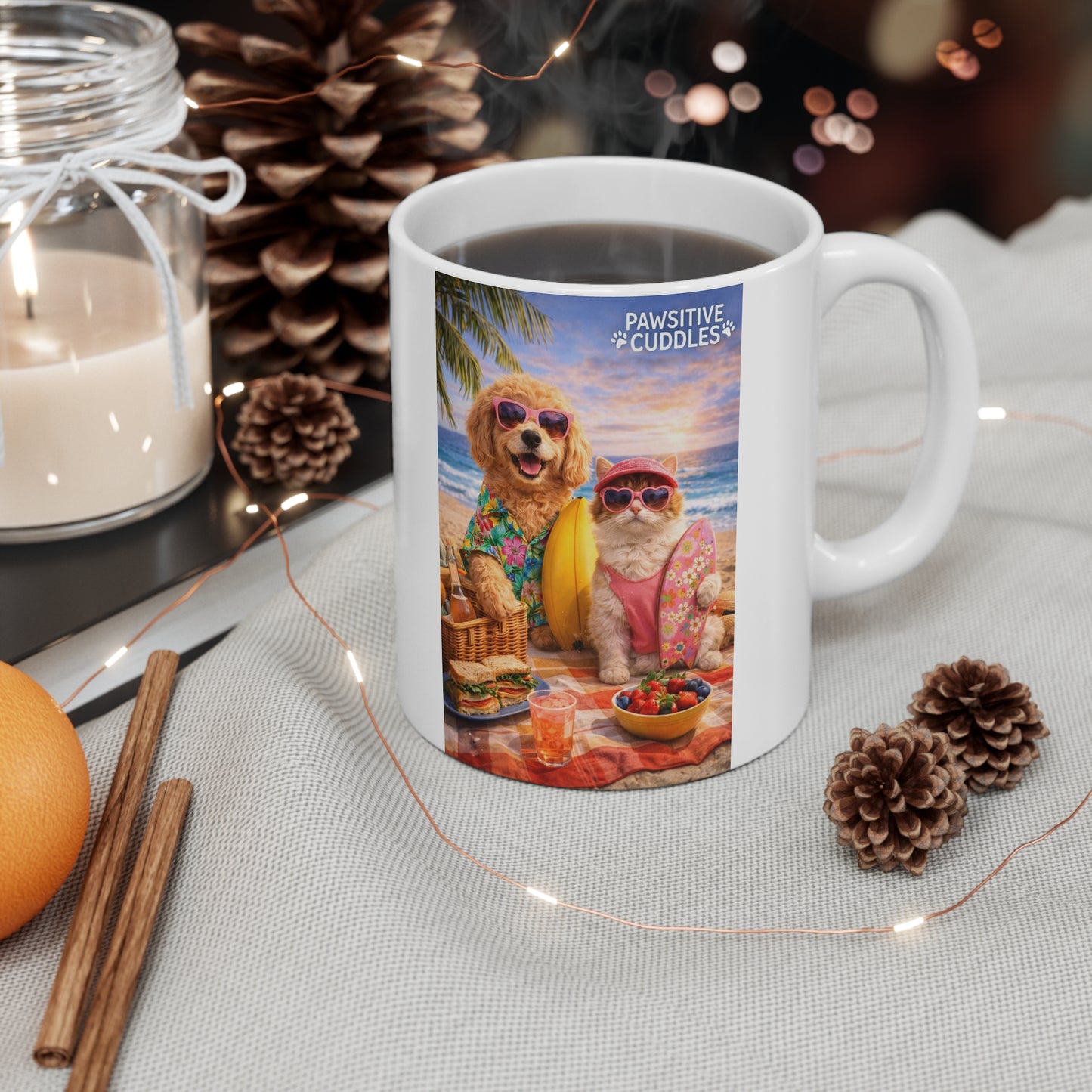 Mug — 'Pawsitive Cuddles' Beach Sunset Dog & Cat Coffee Mug (11oz)