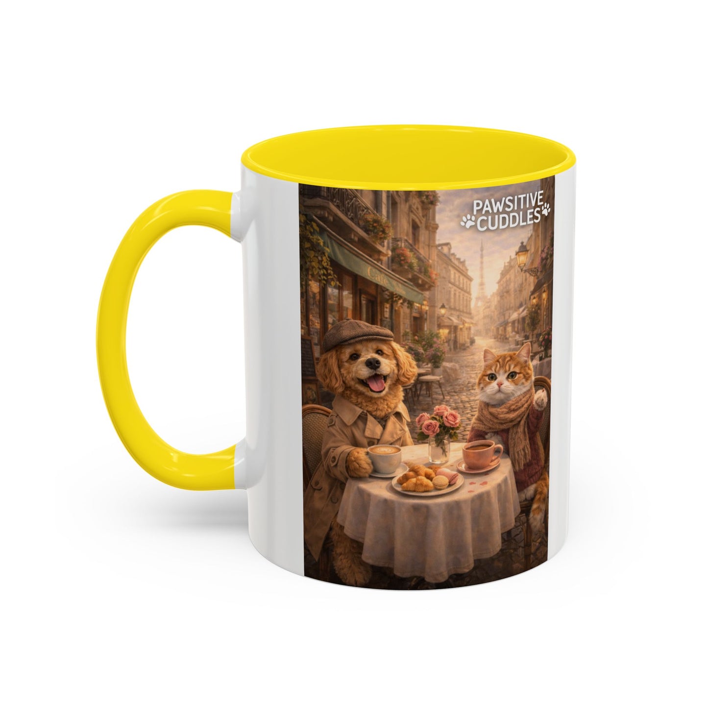 Coffee Mug — 'Pawsitive Cuddles' Cat & Dog Paris Café Accent Mug (11/15oz)