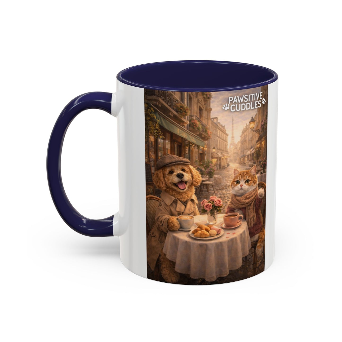 Coffee Mug — 'Pawsitive Cuddles' Cat & Dog Paris Café Accent Mug (11/15oz)