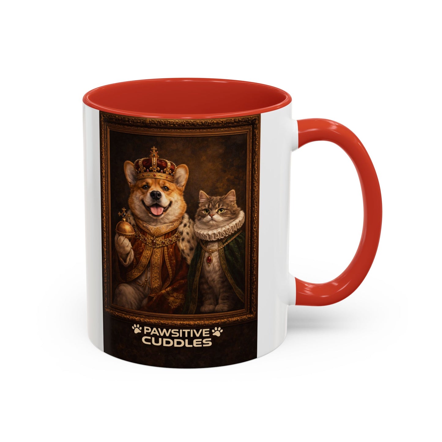 Corgi & Cat Royal Portrait Coffee Mug — "Pawsitive Cuddles" Accent Mug (11/15oz)