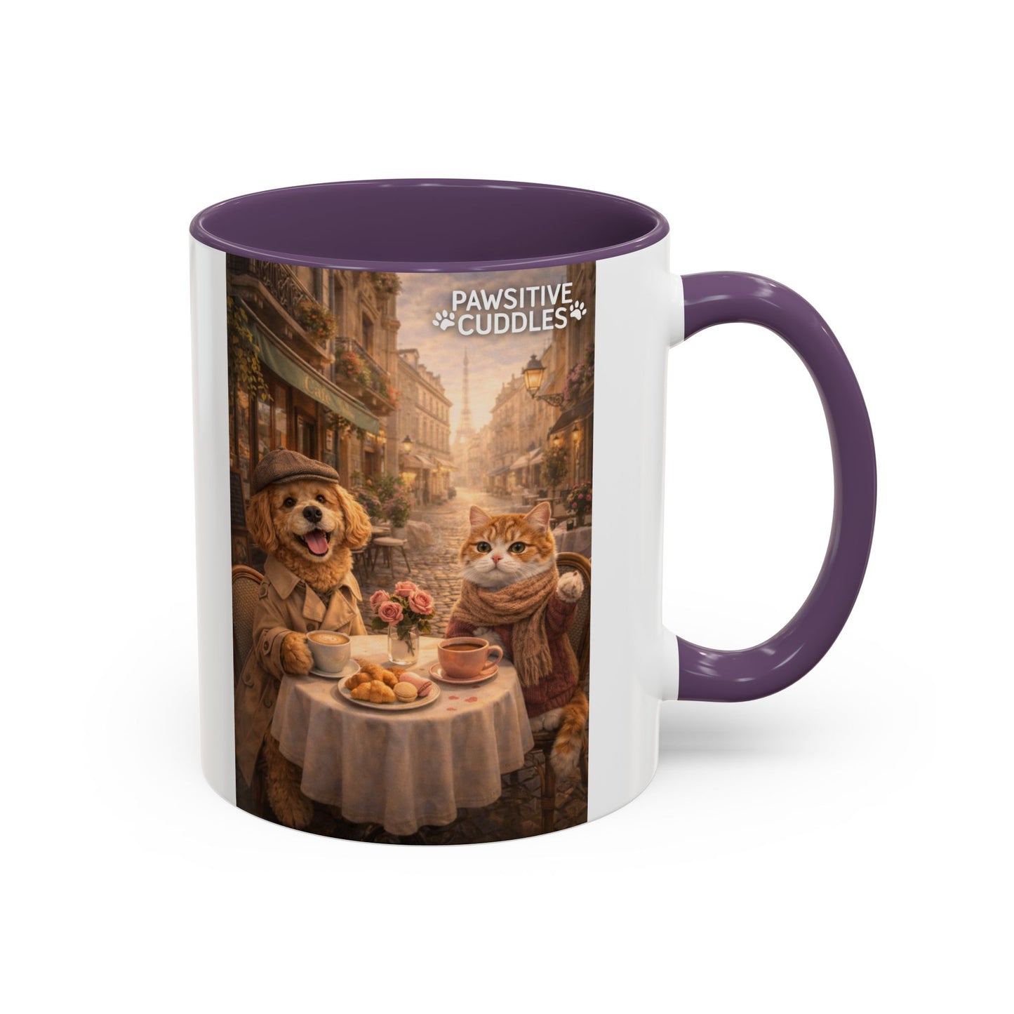 Coffee Mug — 'Pawsitive Cuddles' Cat & Dog Paris Café Accent Mug (11/15oz)