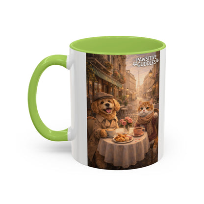 Coffee Mug — 'Pawsitive Cuddles' Cat & Dog Paris Café Accent Mug (11/15oz)