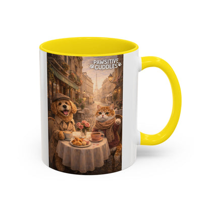 Coffee Mug — 'Pawsitive Cuddles' Cat & Dog Paris Café Accent Mug (11/15oz)