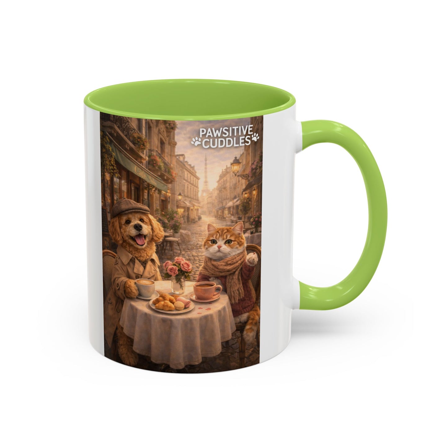 Coffee Mug — 'Pawsitive Cuddles' Cat & Dog Paris Café Accent Mug (11/15oz)