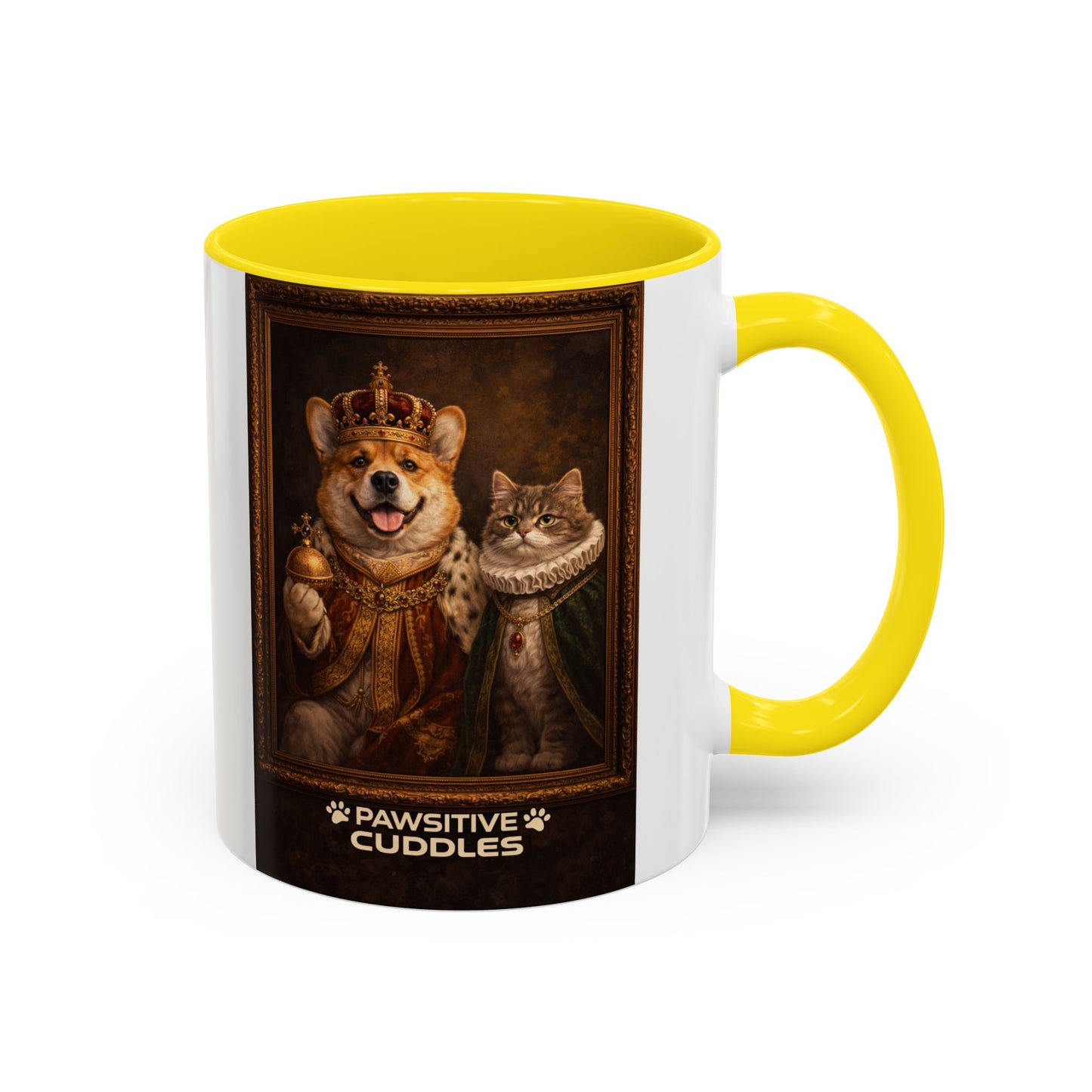 Corgi & Cat Royal Portrait Coffee Mug — "Pawsitive Cuddles" Accent Mug (11/15oz)