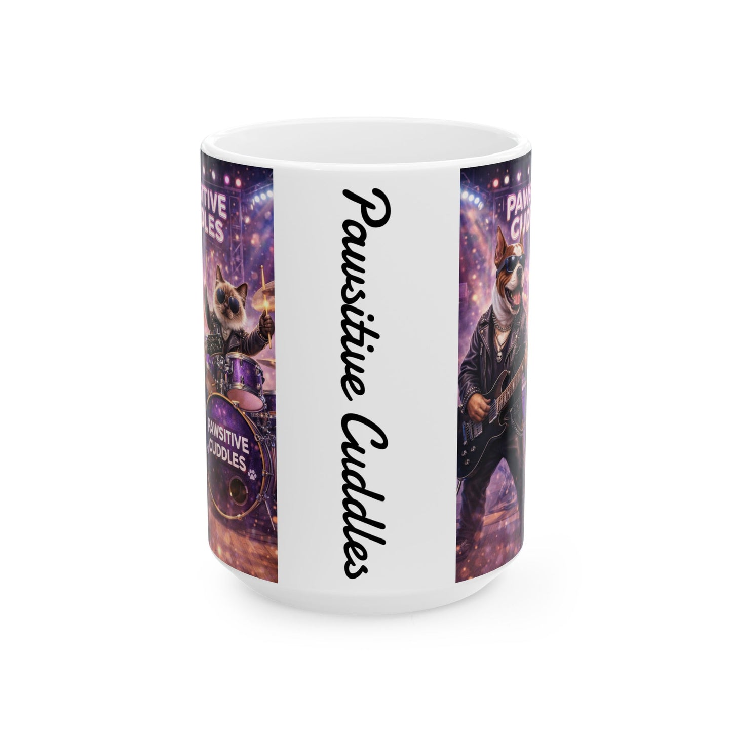 Pawsitive Cuddles Cat Band Ceramic Mug – Cute Rocker Kitty Coffee Cup (11oz/15oz)
