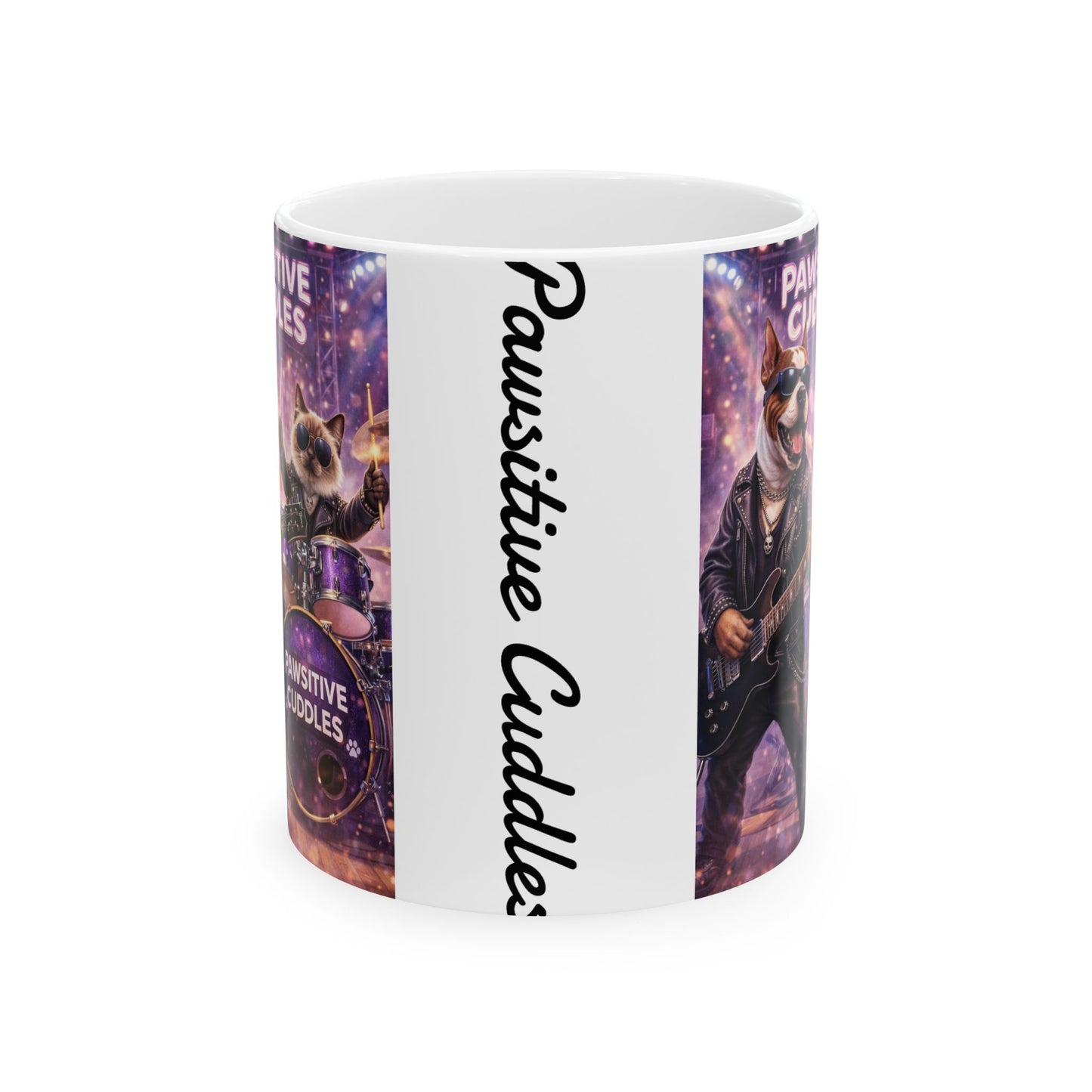 Pawsitive Cuddles Cat Band Ceramic Mug – Cute Rocker Kitty Coffee Cup (11oz/15oz)