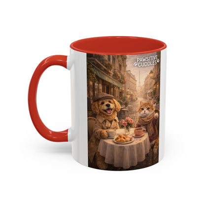 Coffee Mug — 'Pawsitive Cuddles' Cat & Dog Paris Café Accent Mug (11/15oz)