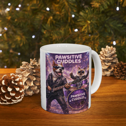Pawsitive Cuddles Cat Band Ceramic Mug – Cute Rocker Kitty Coffee Cup (11oz/15oz)
