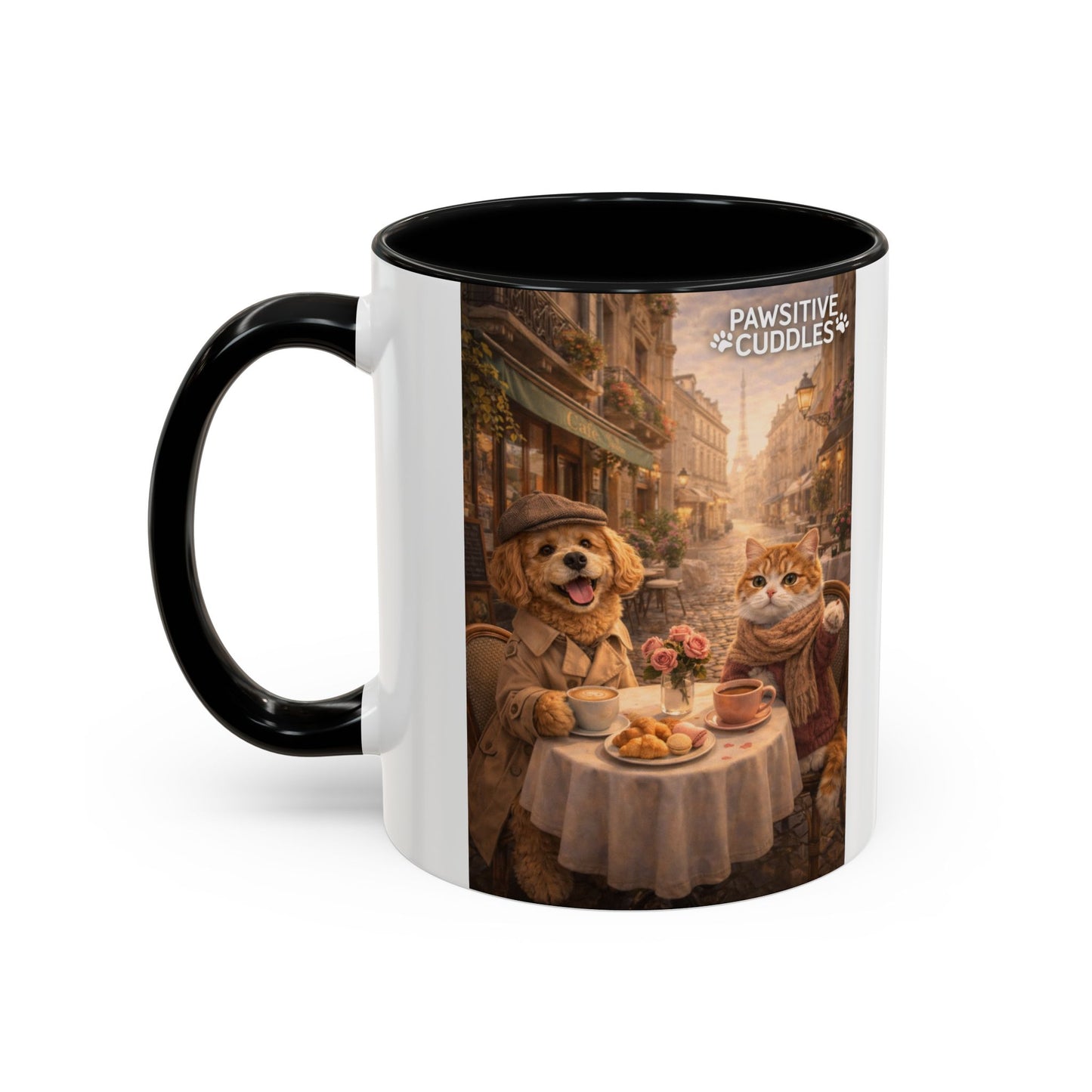 Coffee Mug — 'Pawsitive Cuddles' Cat & Dog Paris Café Accent Mug (11/15oz)