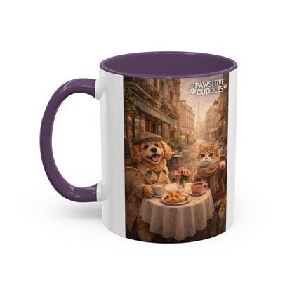 Coffee Mug — 'Pawsitive Cuddles' Cat & Dog Paris Café Accent Mug (11/15oz)