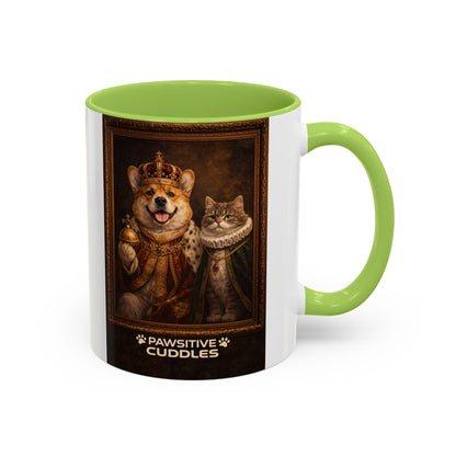 Corgi & Cat Royal Portrait Coffee Mug — "Pawsitive Cuddles" Accent Mug (11/15oz)