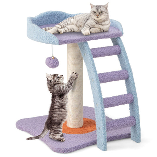 2-Layer Plush Cat Tree Tower with Ladder
