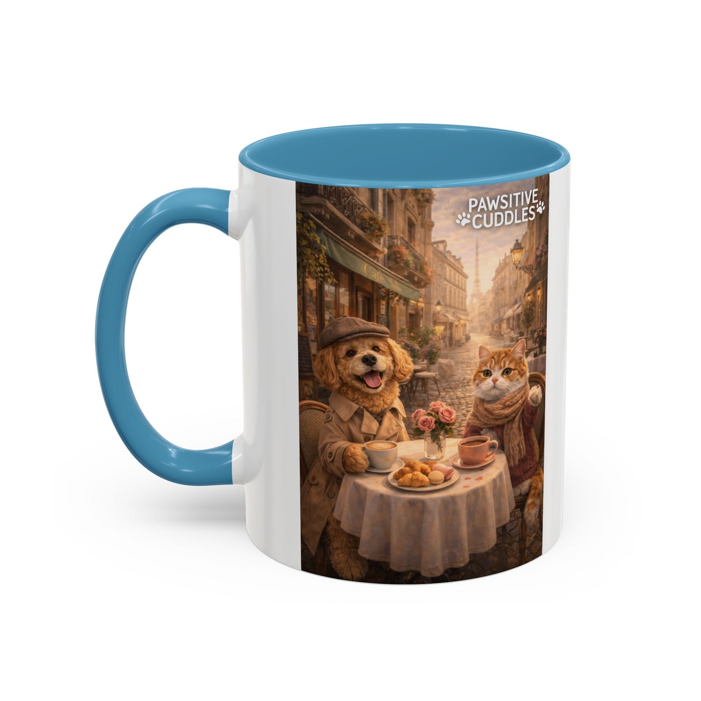 Coffee Mug — 'Pawsitive Cuddles' Cat & Dog Paris Café Accent Mug (11/15oz)