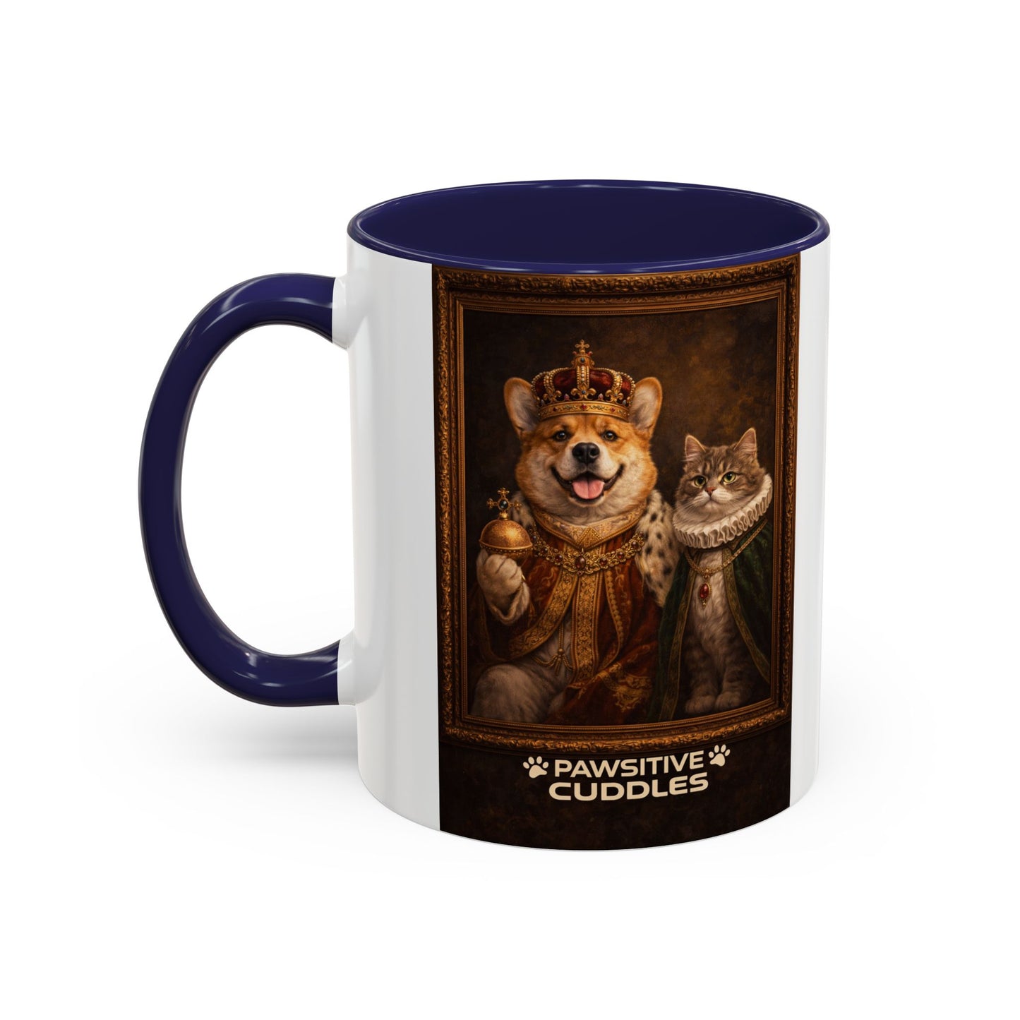 Corgi & Cat Royal Portrait Coffee Mug — "Pawsitive Cuddles" Accent Mug (11/15oz)