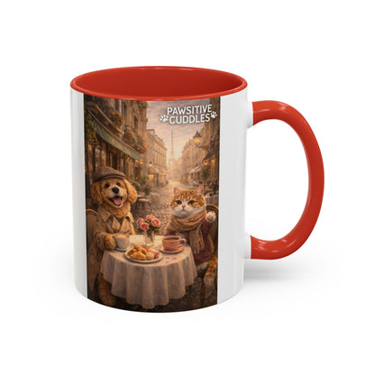Coffee Mug — 'Pawsitive Cuddles' Cat & Dog Paris Café Accent Mug (11/15oz)