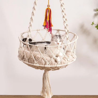 Handwoven Hanging Bed with Soft Mat & Toy for Indoor Cats - Pawsitive Cuddles