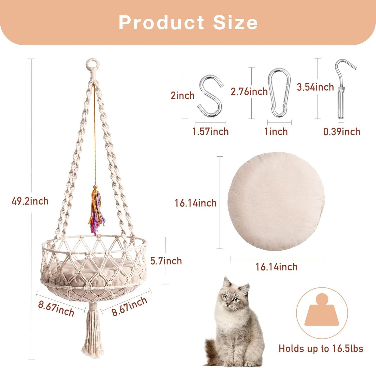 Handwoven Hanging Bed with Soft Mat & Toy for Indoor Cats - Pawsitive Cuddles