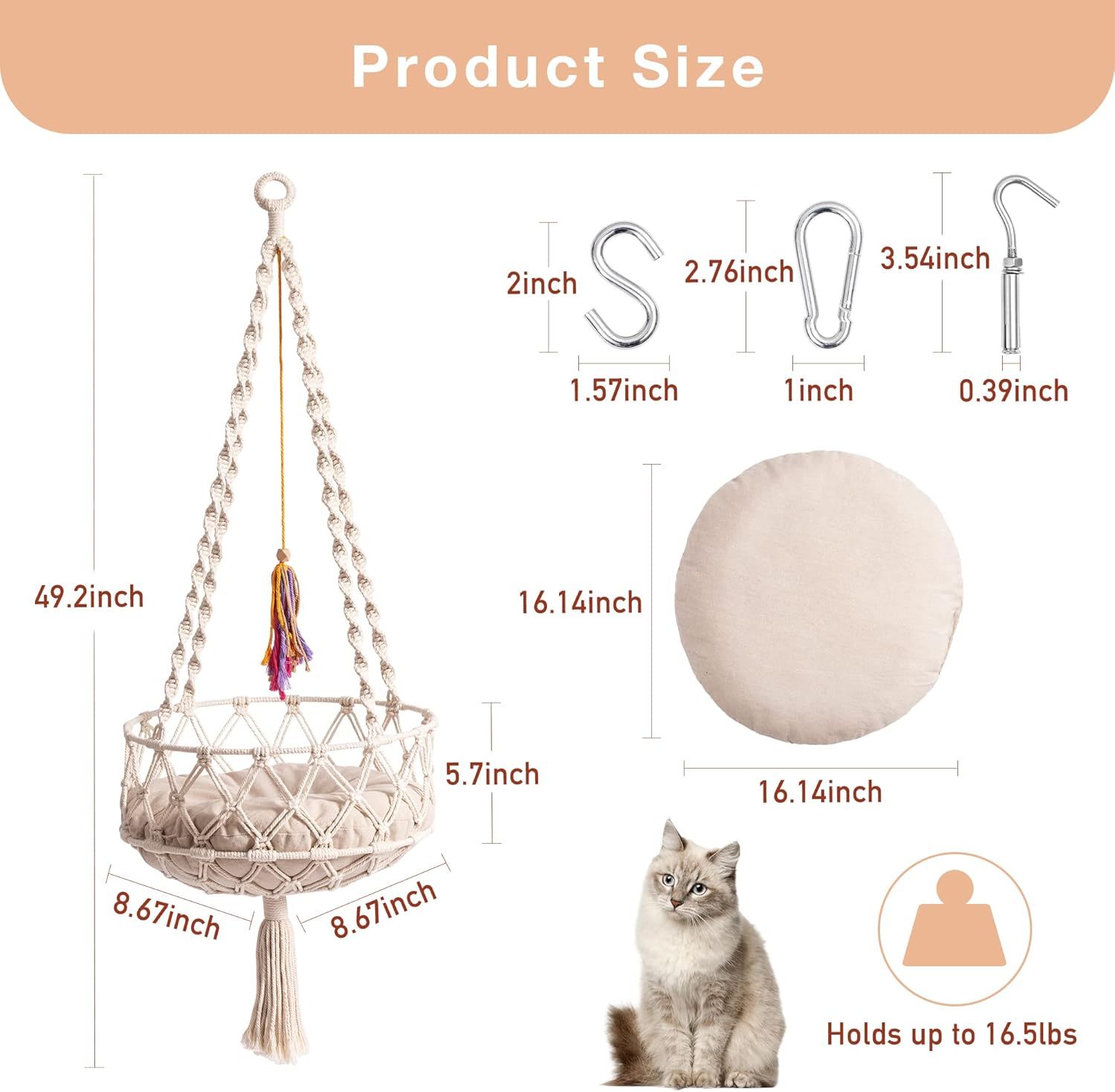 Handwoven Hanging Bed with Soft Mat & Toy for Indoor Cats - Pawsitive Cuddles