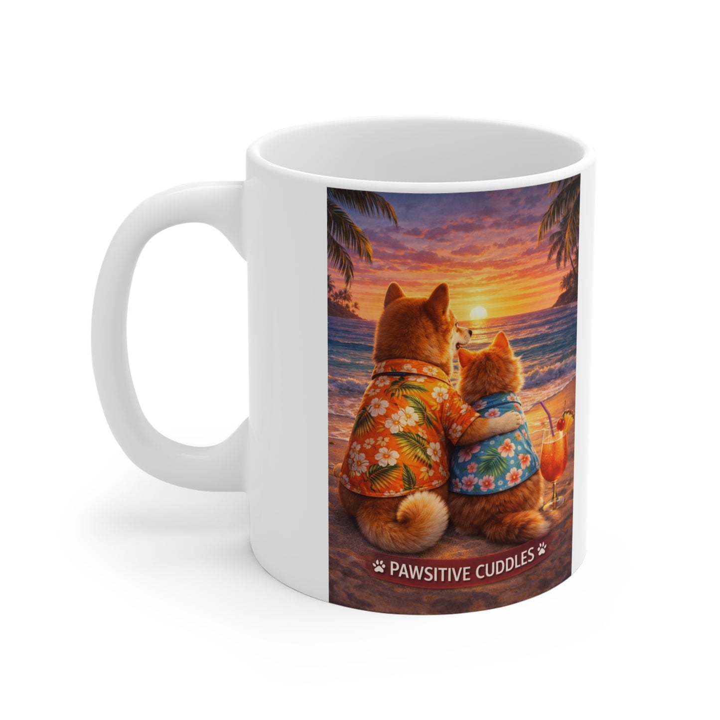 Mug — 'Pawsitive Cuddles' Beach Sunset Dog & Cat Coffee Mug (11oz)
