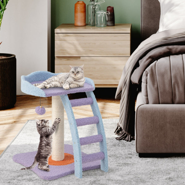 2-Layer Plush Cat Tree Tower with Ladder