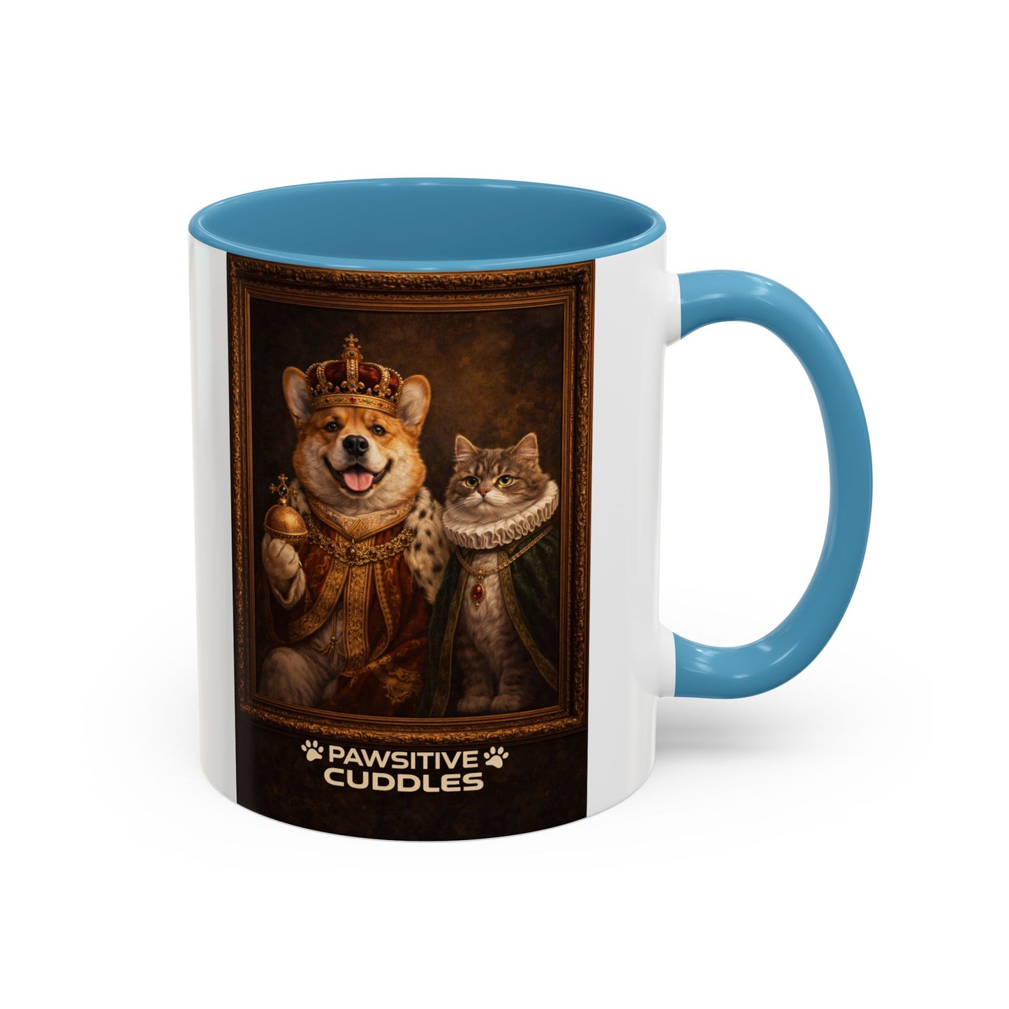 Corgi & Cat Royal Portrait Coffee Mug — "Pawsitive Cuddles" Accent Mug (11/15oz)