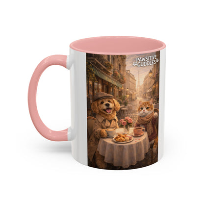 Coffee Mug — 'Pawsitive Cuddles' Cat & Dog Paris Café Accent Mug (11/15oz)
