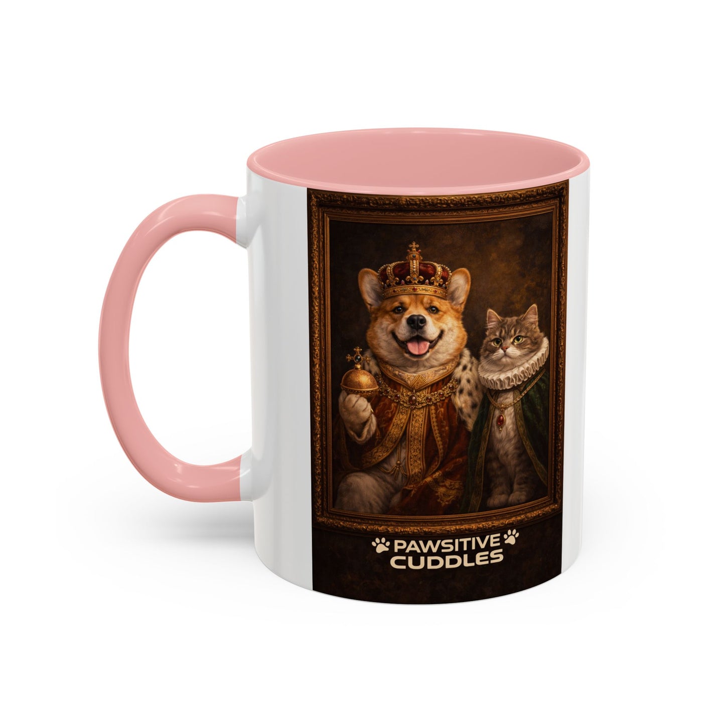 Corgi & Cat Royal Portrait Coffee Mug — "Pawsitive Cuddles" Accent Mug (11/15oz)