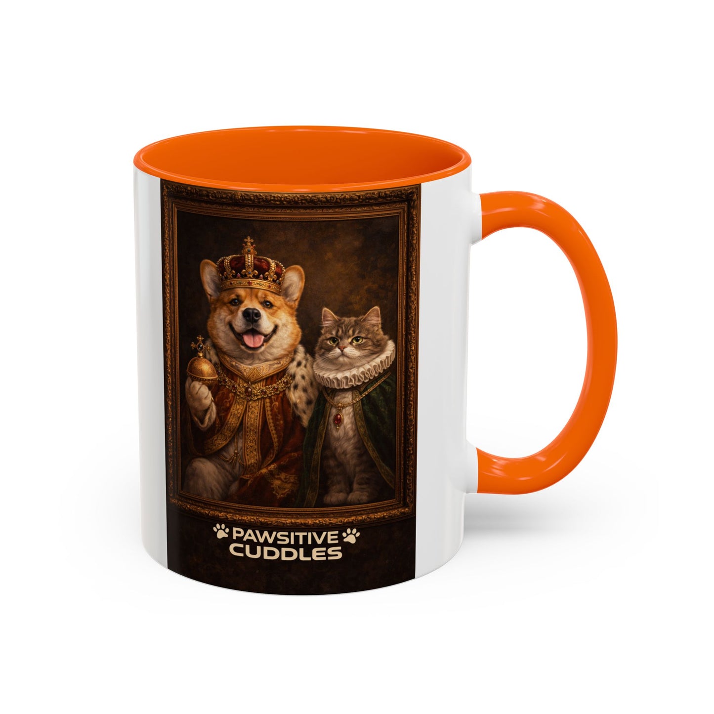 Corgi & Cat Royal Portrait Coffee Mug — "Pawsitive Cuddles" Accent Mug (11/15oz)