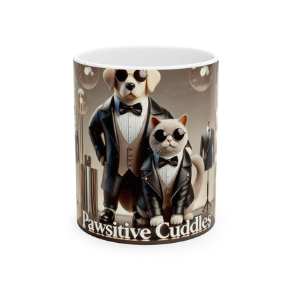 Pawsitive Cuddles Ceramic Mug – Cute Dapper Dog & Cat Coffee Cup (11oz/15oz)