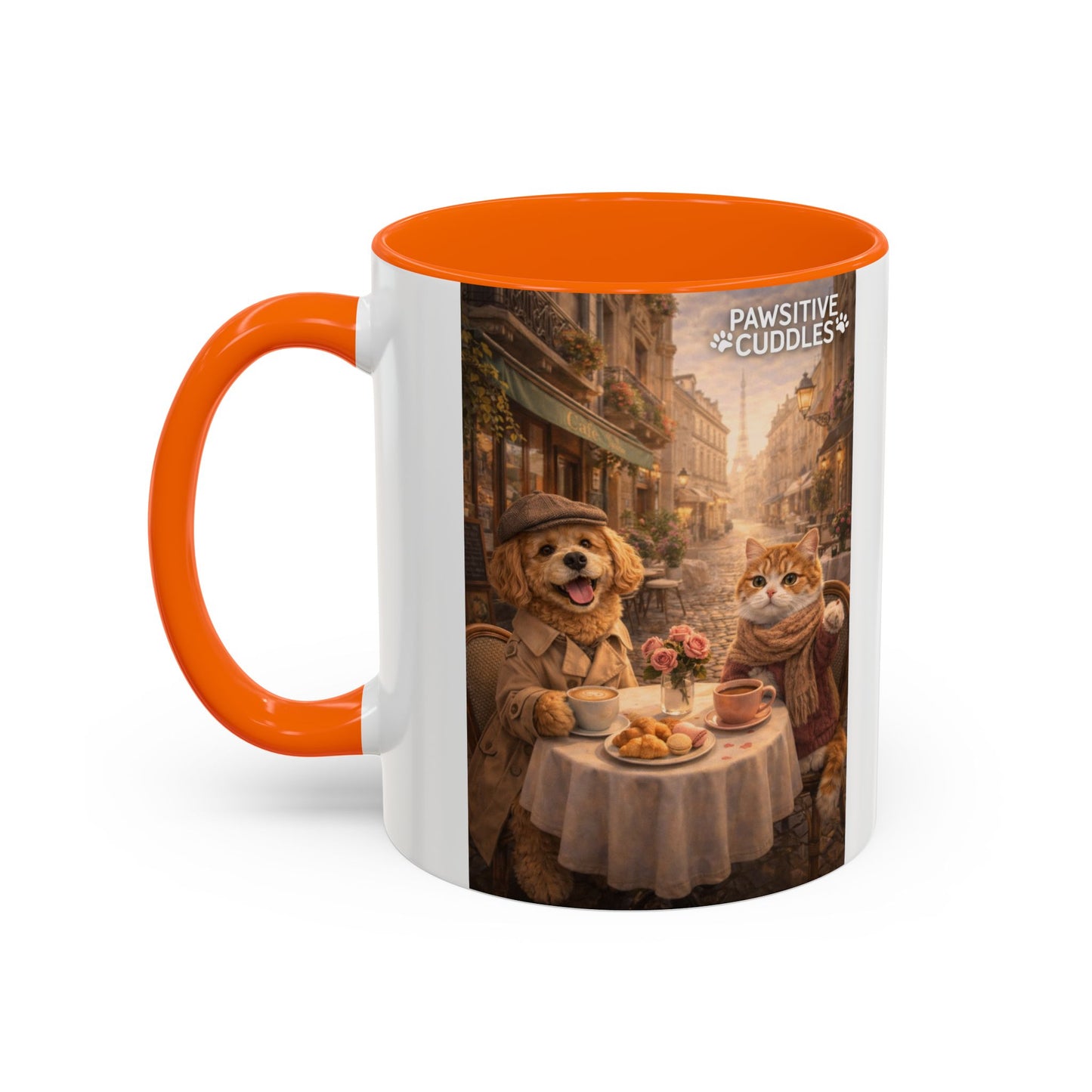 Coffee Mug — 'Pawsitive Cuddles' Cat & Dog Paris Café Accent Mug (11/15oz)