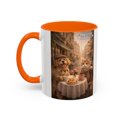 Coffee Mug — 'Pawsitive Cuddles' Cat & Dog Paris Café Accent Mug (11/15oz)