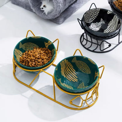 Tall Ceramic Double Cat Bowl - Pawsitive Cuddles