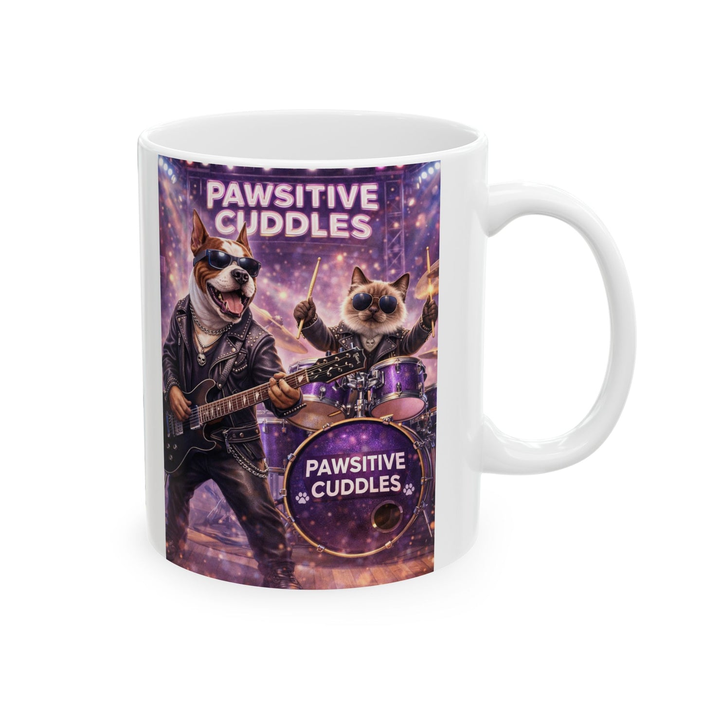 Pawsitive Cuddles Cat Band Ceramic Mug – Cute Rocker Kitty Coffee Cup (11oz/15oz)