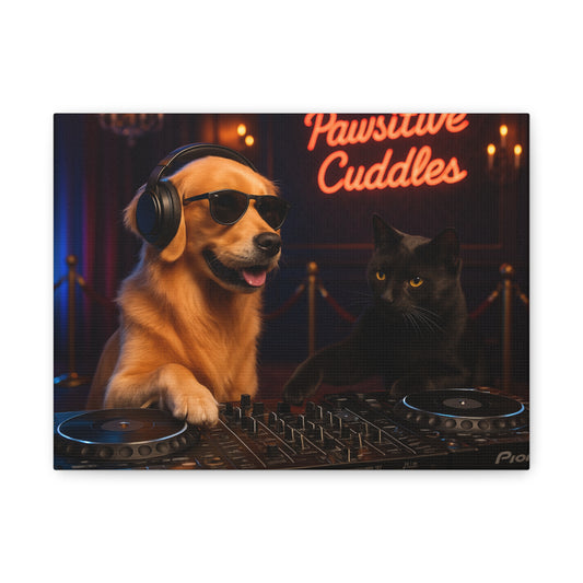 Canvas Wall Art — "Pawsitave Cuddles" DJ Dog & Cat Scene