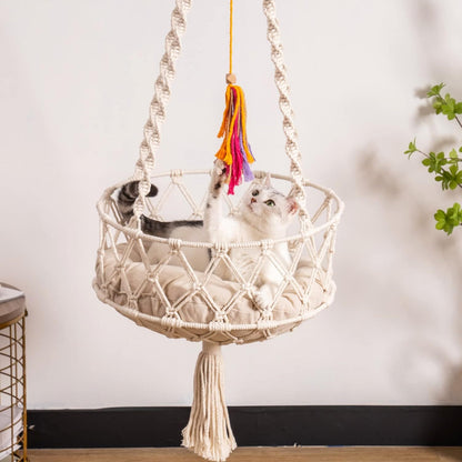 Handwoven Hanging Bed with Soft Mat & Toy for Indoor Cats - Pawsitive Cuddles
