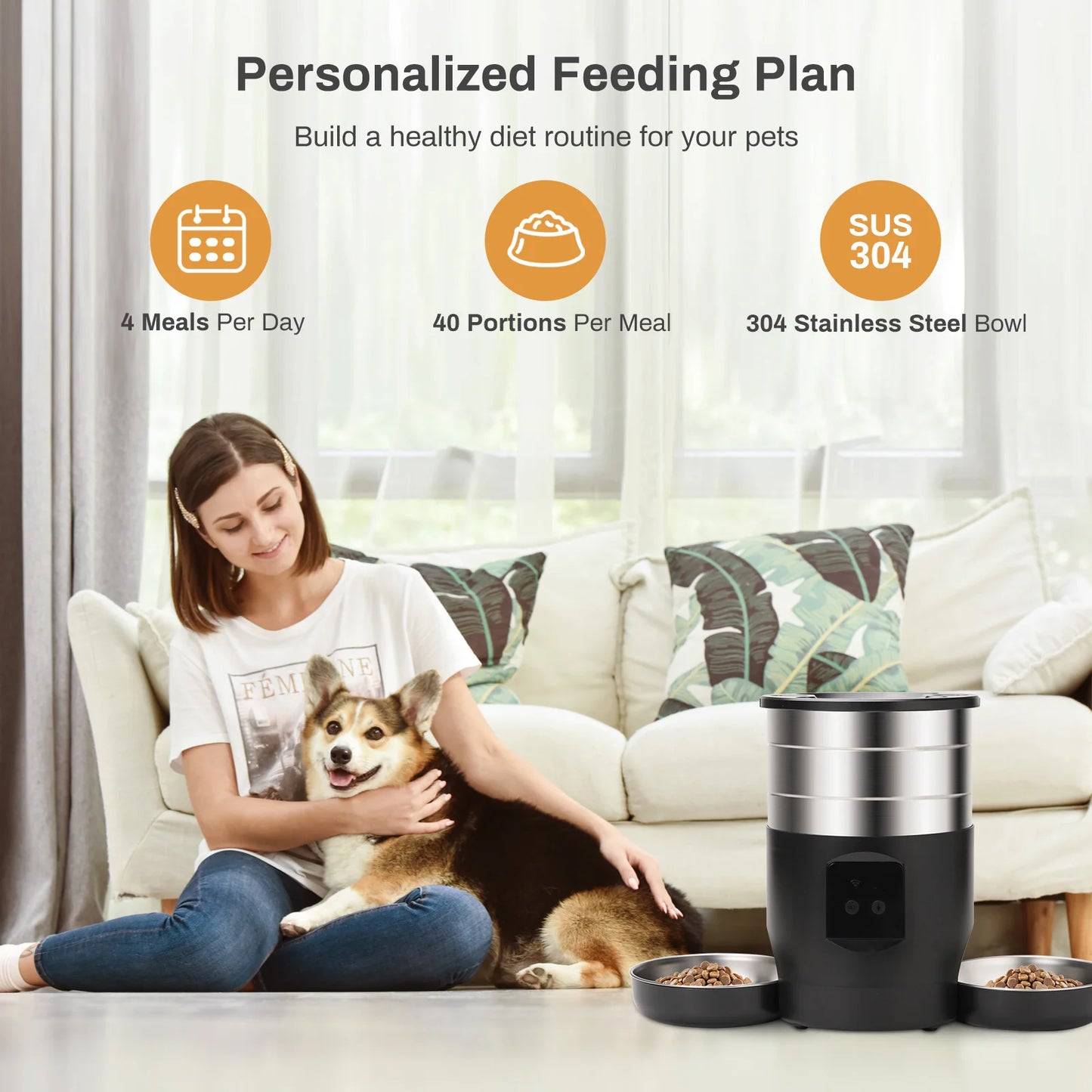 4.5L Button WiFi Automatic Cat Feeder Includes Two Stainless Steel Bowls