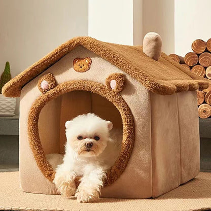 **1PC Four-Season Enclosed Pet Bed – Brown Teddy Bear Style for Cats & Dogs** - Pawsitive Cuddles
