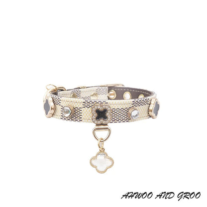 Adjustable PU Leather Pet Necklace with Lucky Clover Charm - Pawsitive Cuddles